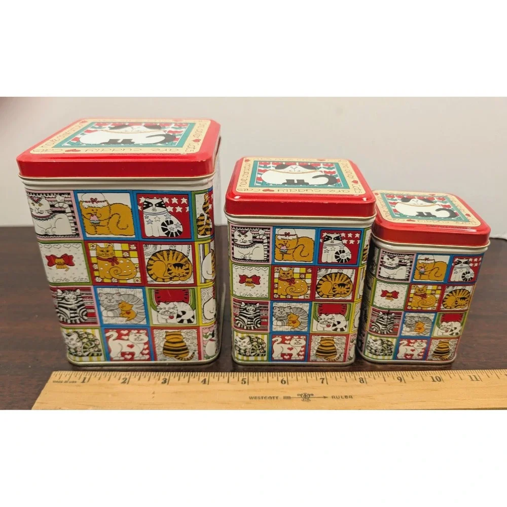 Vintage 1983 Enesco Susan Marie McChesney Cats Are Chic Nesting Tins Set of 3